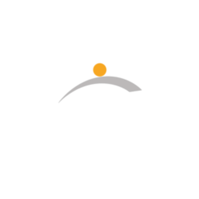 Logo: grauer, von links nach rechts breiter werdender Bogen, darüber ein oranger Punkt